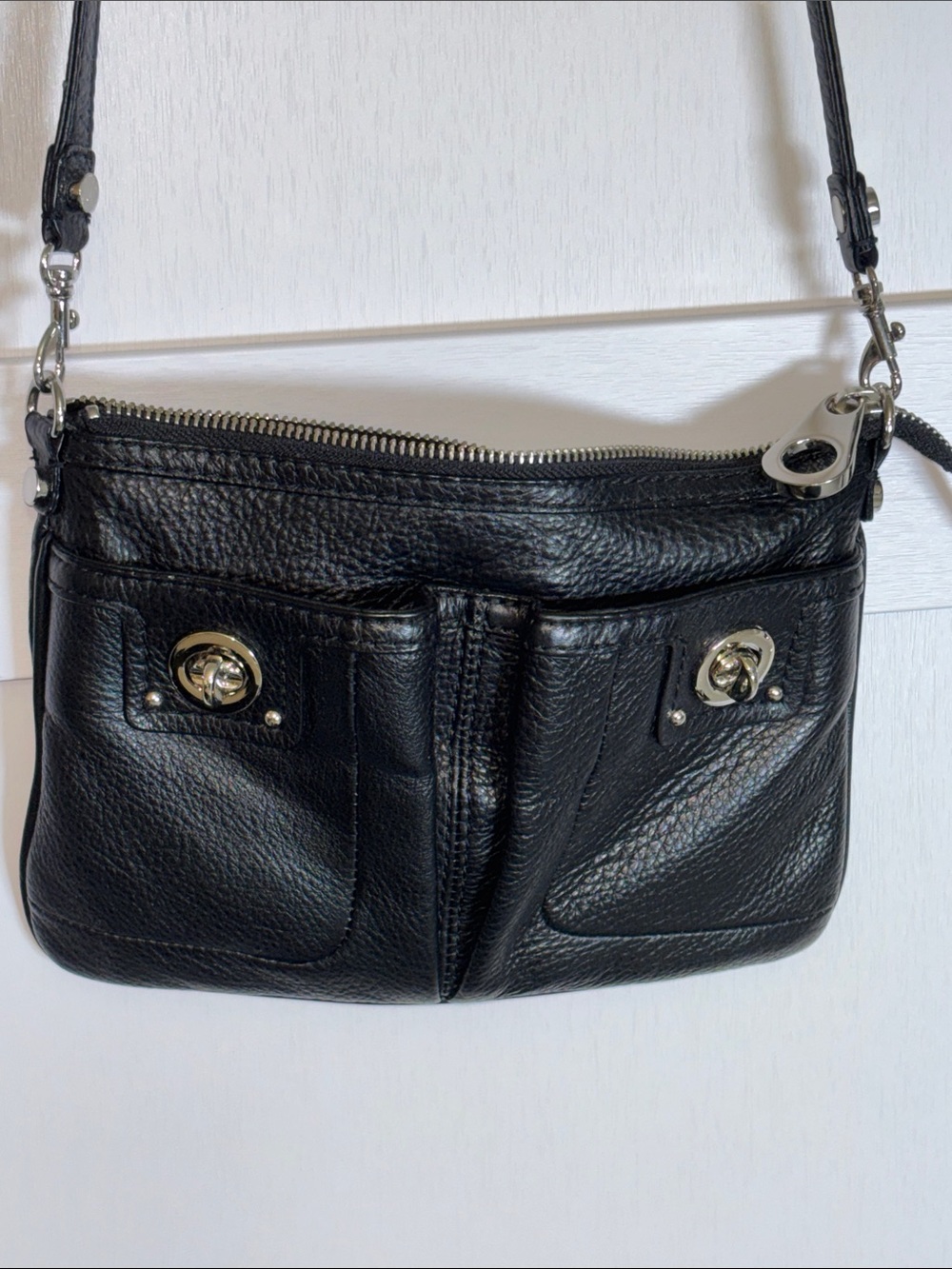 Pelle Studio Black Pebbled Leather Crossbody with Turn-Lock Front Pockets